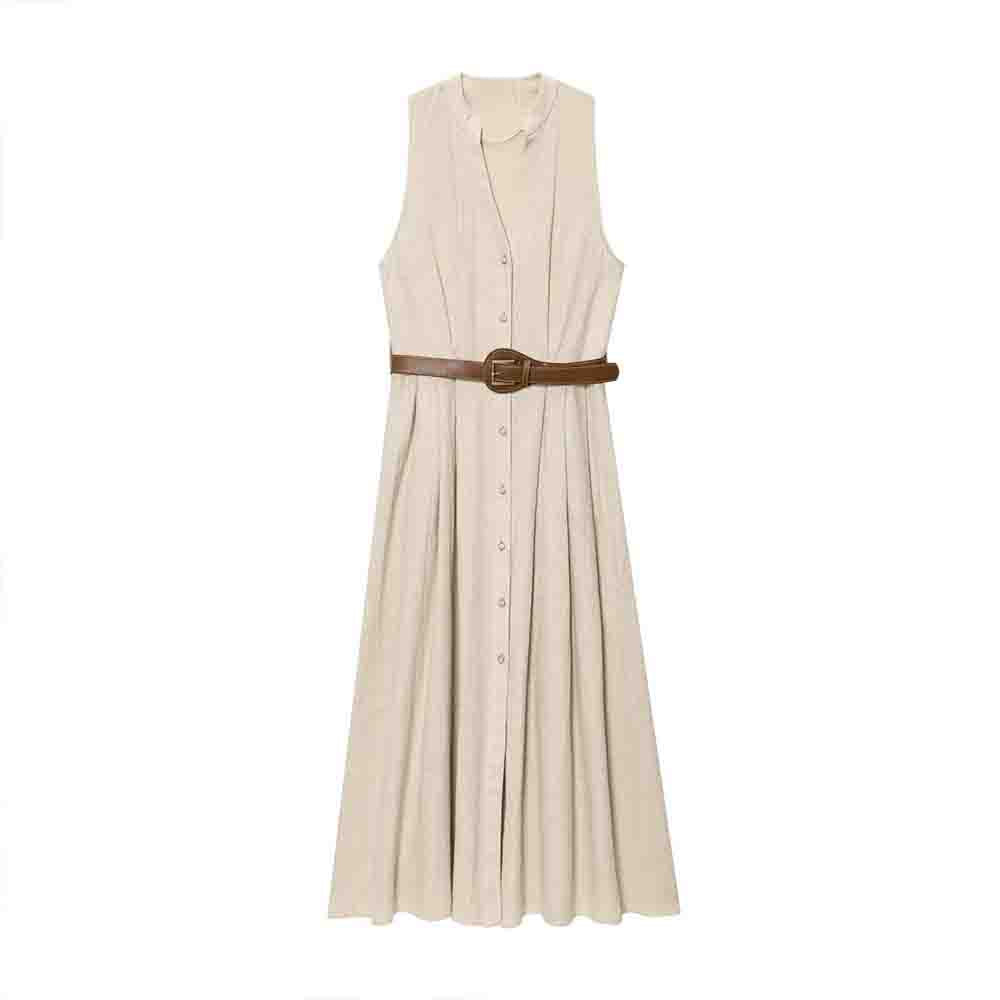 Women's New Fashion With Belt Sleeveless Linen Blended Midi Dress