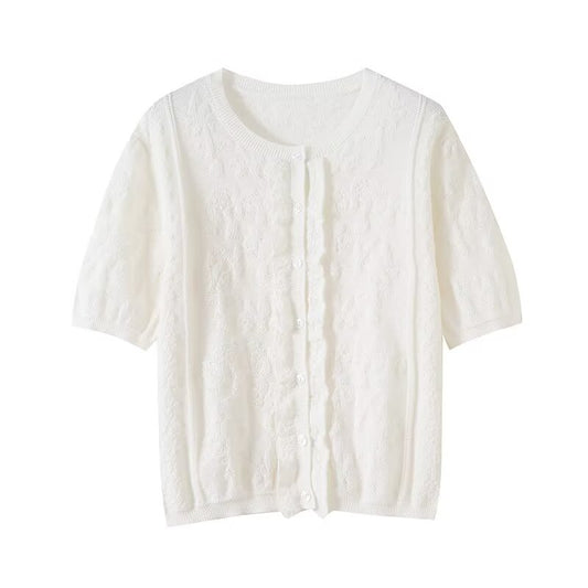 Women's new fashion lace round neck short sleeved knitted cardigan