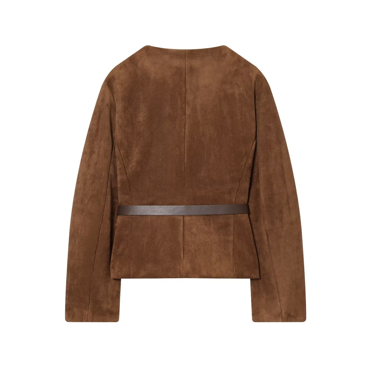 Women's new fashion with Belt suede texture effect O Neck suit jacket