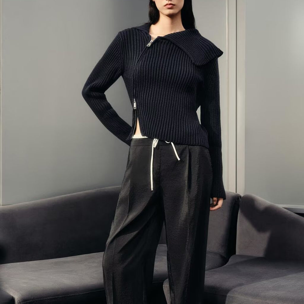 מעיל סרוג מצולע עם רוכסן כפול ורוכסן כפול לנשים