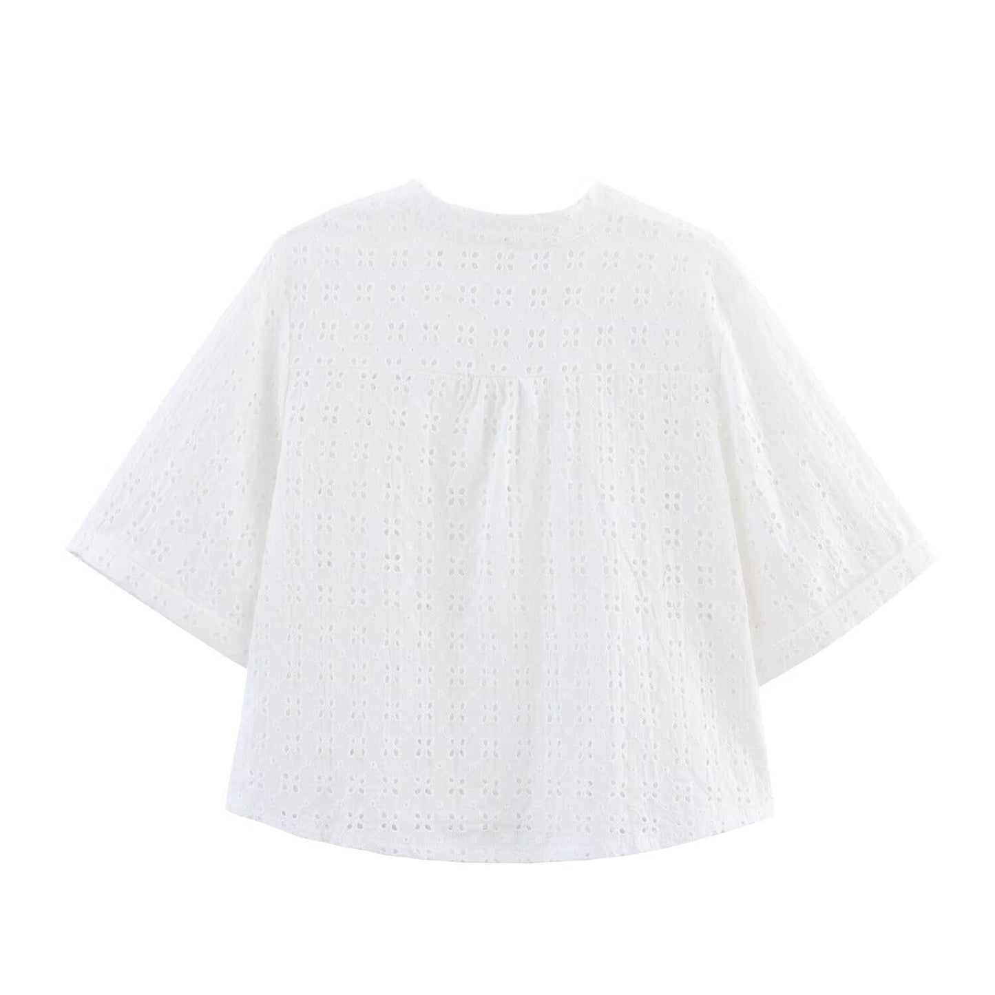 Women's new fashion short sleeved V-neck hollowed out embroidered shirt+Pants suit