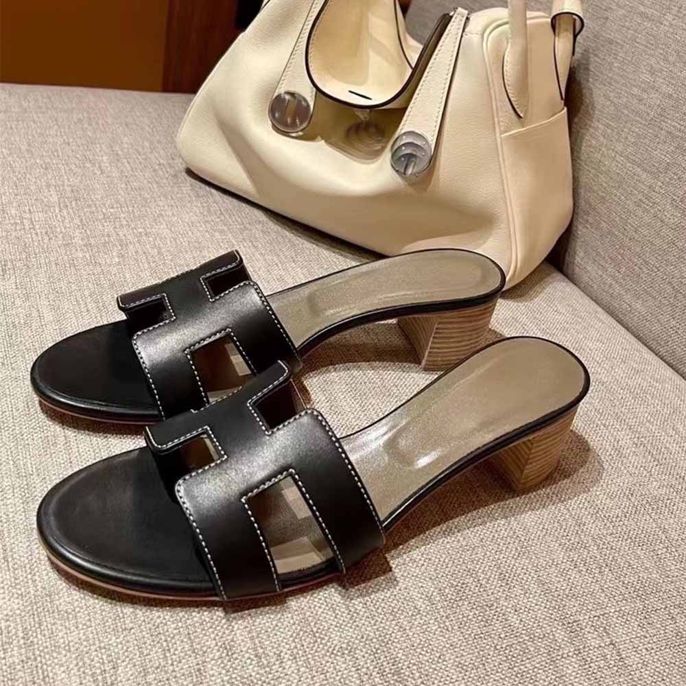 Women's New Fashion Joker Handmade Sewing Leather 5CM Heel High Thick Slippers Dry Heel Shoes Have A Shoe Box.