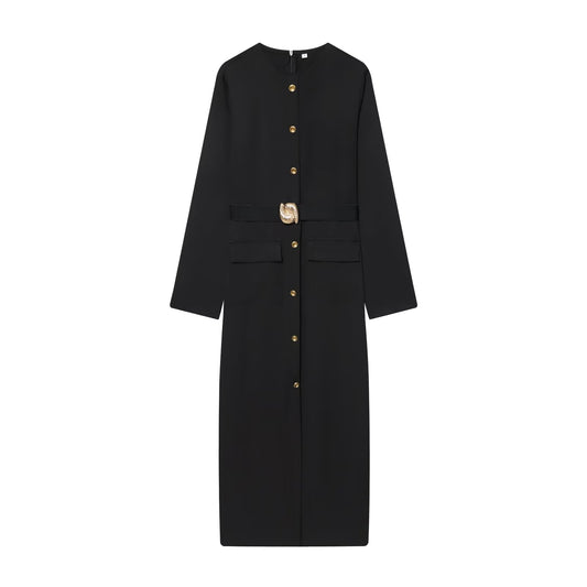 Women's With Belt O Neck Long Sleeve Midi Dress