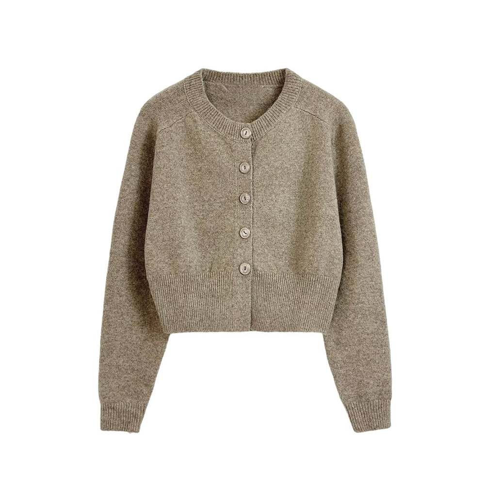 קרדיגן סרוג קצר עם צווארון O ושרוולים ארוכים לנשים