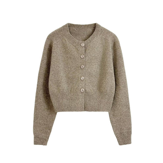 קרדיגן סרוג קצר עם צווארון O ושרוולים ארוכים לנשים