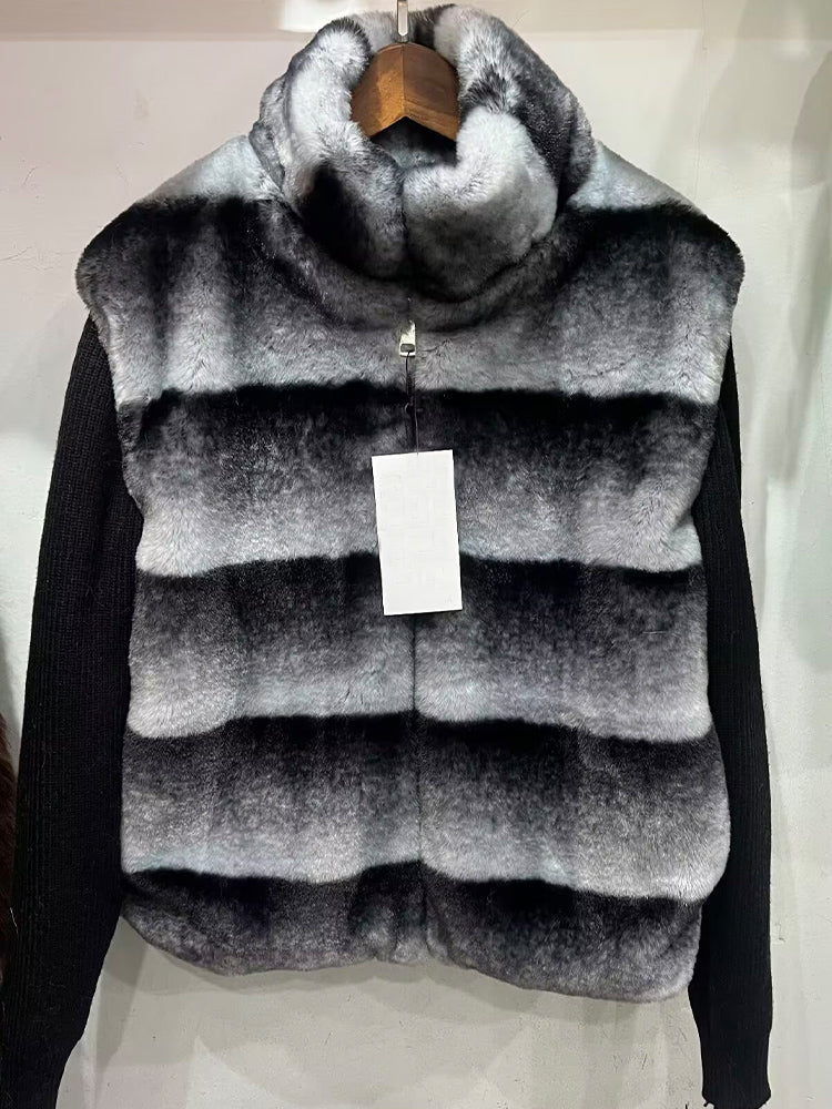 Women's faux fur effect spliced knitted sleeve Coat
