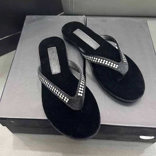 Women's New Fashion Joker Rhinestone Decorative Thin Bottom Toe Slippers Have A Shoe Box.